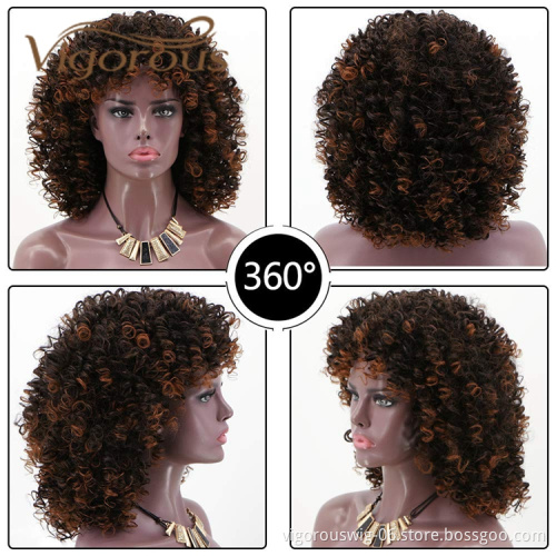 Vigorous Best Selling Supplier Short Bob Kinky Curly Afro Fluffy Ombre Brown Machine Made For Black Women Synthetic Hair Wigs